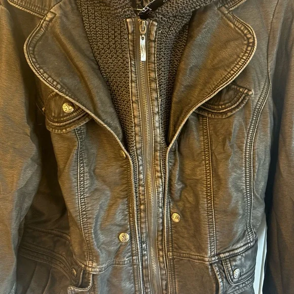 Washed Black Leather Jacket with Hood - Picture 6 of 8